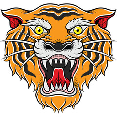 Fierce Tiger Head Illustration With Open Mouth And Sharp Teeth In Traditional Tattoo Style With Orange Black White Red Colors And Stippled Texture On Transparent Background
