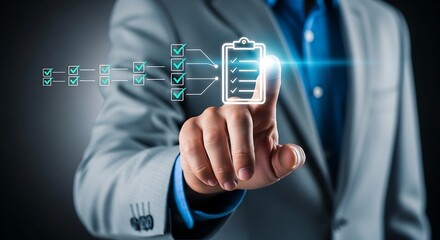 Man in suit pointing at digital checklist, symbolizing task management