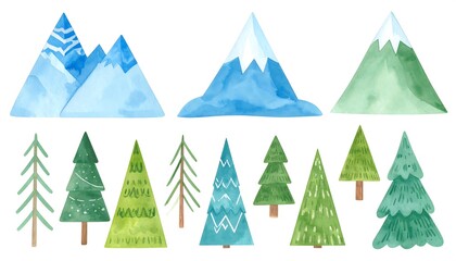 Obraz premium Watercolor mountain and tree illustration