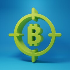 Green Bitcoin in the target icon isolated on blue background. Investment target icon. Minimalism concept. 3D render illustration
