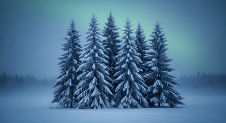 Dramatic winter landscape with snow-covered pine trees under a mystical blue-green sky.