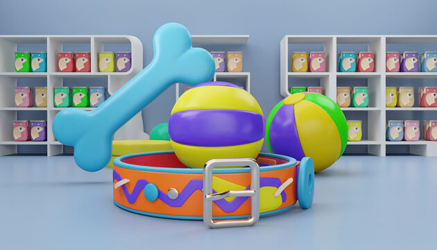 Playful pet store display showcasing vibrant dog collar, chew bone, and colorful balls for happy, healthy pets looking for fun and engaging toys today