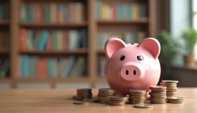 Pink piggy bank sits on wooden table near stacks of coins. Background shows bookshelf with books. Symbol of saving money and financial growth for future.