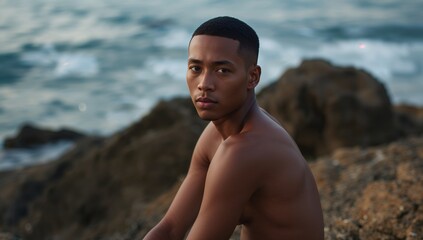 Young man sitting on rocks by the ocean near the water’s edge