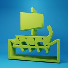 Green Ancient Greek trireme icon isolated on blue background. Minimalism concept. 3D render illustration