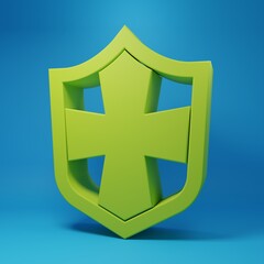Green Shield icon isolated on blue background. Guard sign. Security, safety, protection, privacy concept. Minimalism concept. 3D render illustration