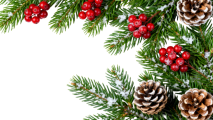Festive holiday decoration featuring pine branches, red berries, and cones on a white background