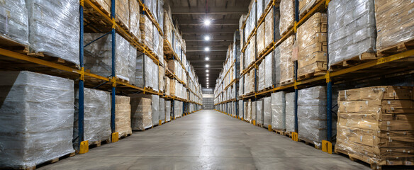 Fototapeta na wymiar The warehouse pallet snugly covered with transparent shrink wrap film