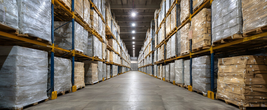 The warehouse pallet snugly covered with transparent shrink wrap film - Powered by Adobe