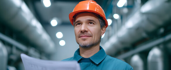 The worker feels focused and determined while reviewing detailed blueprints in the industrial facility