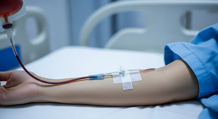 Close-up shot of a patient receiving a blood transfusion in a hospital setting for medical treatment