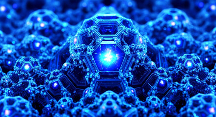Abstract blue fractal structure with glowing hexagonal core and intricate detail