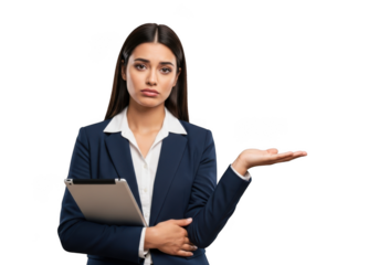Professional businesswoman presenting with tablet and open palm gesture stock photo isolated on transparent background