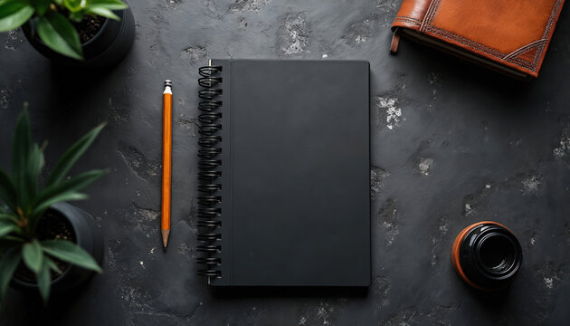 Top view flat lay composition of blank black notepad and pencil on dark textured surface. Workspace desk with succulent plant and journal. Business still life with stationery items. - Powered by Adobe