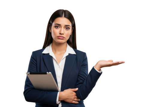 Professional businesswoman presenting with tablet and open palm gesture stock photo isolated on transparent background