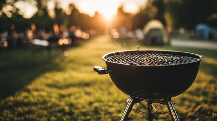 Outdoor charcoal kettle grill cooking food over hot embers during sunset at a gathering