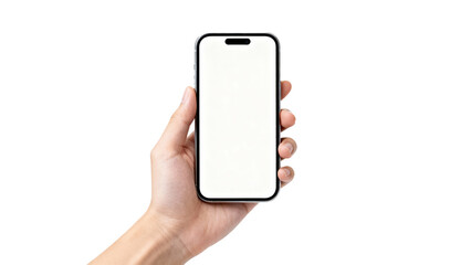 Hand holding a blank smartphone ready for app display and digital interaction in a modern setting