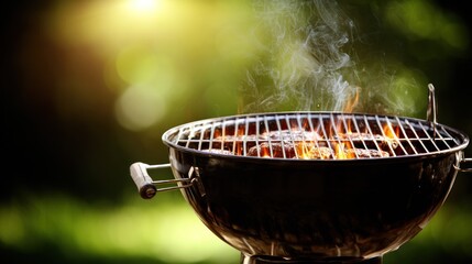 Charcoal barbecue grill cooking food over open flames outdoors during daylight