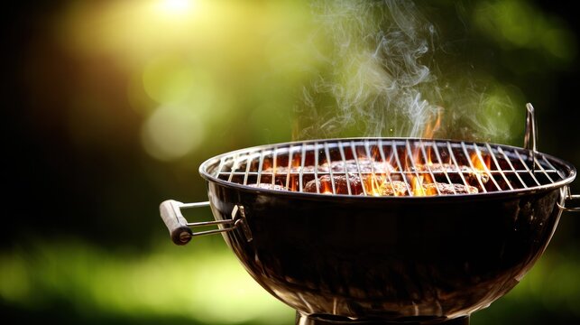 Charcoal barbecue grill cooking food over open flames outdoors during daylight