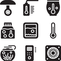 Smart home icons, thermostat temperature, remote control, fan cooler, humidifier mist, appliance