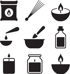 Spa icons, aromatherapy oil, candle light, wellness massage, beauty therapy, incense stick