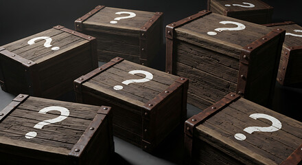 Multiple mysterious wooden loot boxes with question marks, a concept of choice and unknown rewards