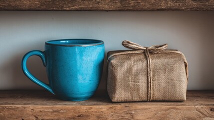 Ceramic beverage container and burlap wrapped present rest side by side on a wooden surface