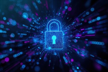Cyber security concept. Blue digital padlock with data, networking lines and connections. Blue and purple neon colored