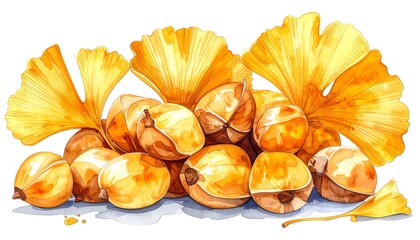 Watercolor illustration of ginkgo biloba seeds and leaves