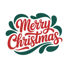 Festive merry christmas calligraphy with green swirls on white background