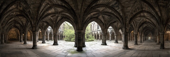 Panoramic View of Historic Cloisters at Glasgow University: A Gothic Architectural Marvel in Scotland