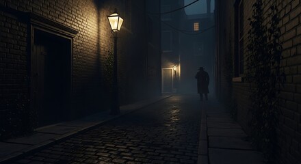 A shadowy figure walking down a dark alleyway lit by gas lamps at night in a foggy atmosphere