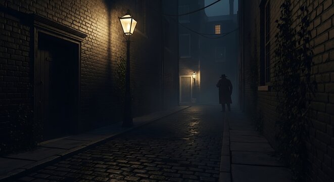 A shadowy figure walking down a dark alleyway lit by gas lamps at night in a foggy atmosphere