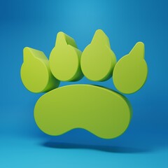 Green Bear paw footprint icon isolated on blue background. Minimalism concept. 3D render illustration