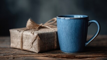 Rustic burlap wrapped present sits beside a dark blue ceramic beverage container on weathered wood