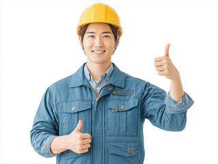 黄色いヘルメットをかぶった男性作業服モデルのスタジオ撮影