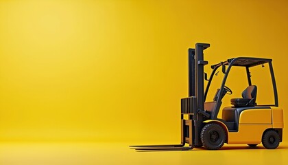 Yellow forklift vehicle on bright yellow studio background. Compact industrial machine used for lifting and moving cargo in warehouses. Modern equipment for logistics and material handling operations.