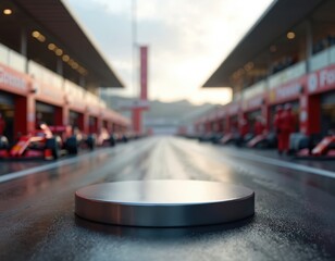 Naklejka premium Empty steel podium on wet race track pit lane for presentation. Blurred motorsport cars, pit crew team in background. Modern pedestal for automotive product display. Champion trophy tech launch stage