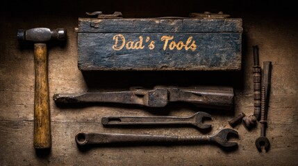 Collection of antique hand implements arranged on a rustic wooden surface with a worn toolbox.