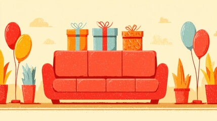 Celebration setup featuring wrapped presents resting atop a bright sofa flanked by decorative foliage and balloons