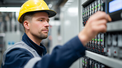 Electrician in yellow safety helmet operating industrial control panel with switches and indicators. Professional technician monitoring electrical system in modern manufacturing facility workplace.