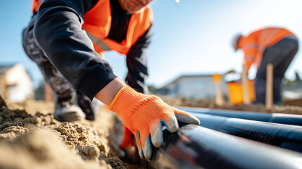 Construction workers installing water pipes in ground with precision. Hands in safety gloves fitting blue pipeline on building site. Infrastructure utility installation and plumbing work outdoors.