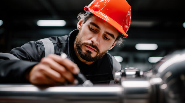 Engineer in orange safety helmet performing precision assembly work in industrial facility. Professional technician focused on quality control and technical inspection in modern manufacturing plant. - Powered by Adobe