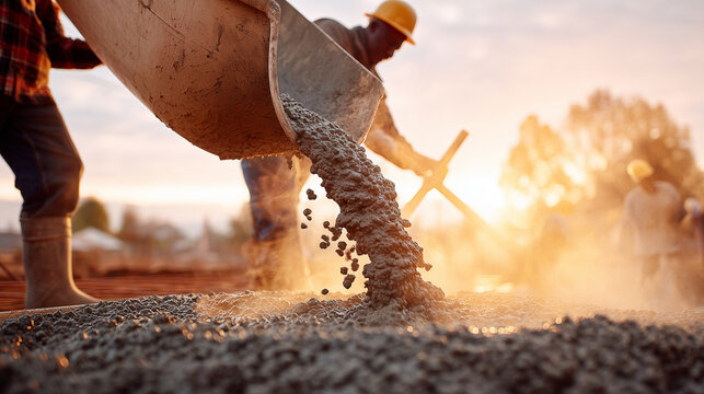 Workers pouring fresh concrete from mixer at construction site during golden hour. Cement mixture flowing into foundation with motion blur. Building infrastructure development project with teamwork.