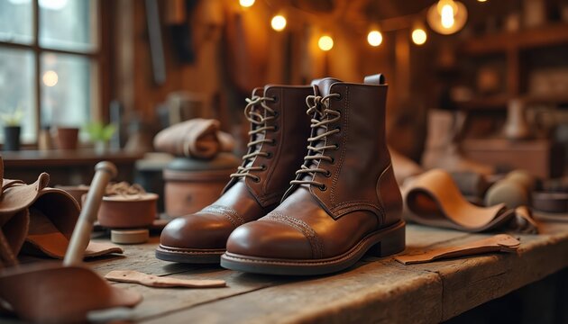 Pair of brown leather boots sit on wooden table in a workshop. Craftsmanship theme. Tools and leather scraps are visible at the artisan workplace with warm light.