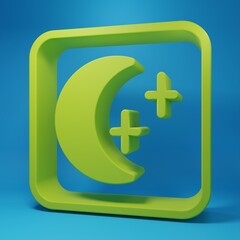 Fototapeta premium Green Moon and stars icon isolated on blue background. Cloudy night sign. Sleep dreams symbol. Full moon. Night or bed time sign. Minimalism concept. 3D render illustration