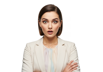 Surprised businesswoman with arms crossed, shocked expression, female professional, portrait, reaction, isolated on transparent background