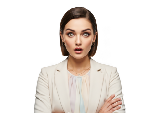 Surprised businesswoman with arms crossed, shocked expression, female professional, portrait, reaction, isolated on transparent background