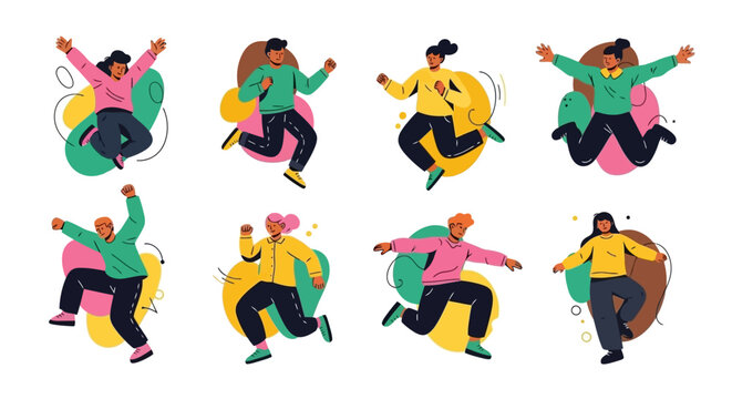 Joyful People Jumping Dynamic Vector Illustration of Diverse Characters