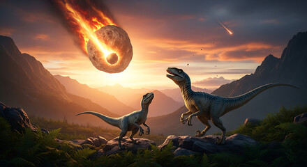 Prehistoric dinosaurs watch a fiery asteroid plummet towards Earth in a dramatic, apocalyptic scene
